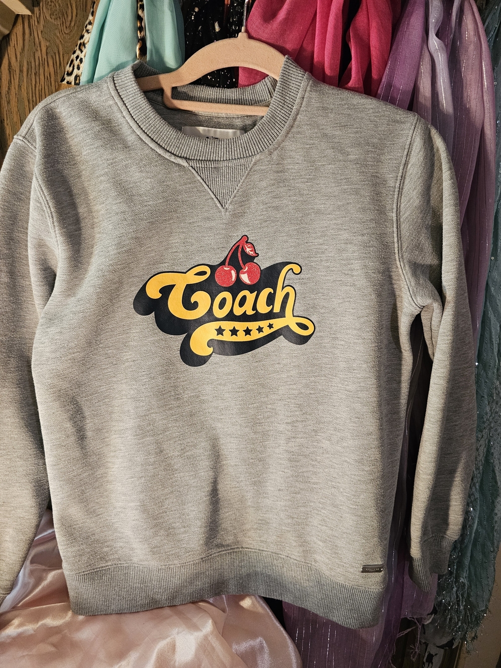 Coach Gray Crewneck with Yellow Logo and Red Cherry Motif
